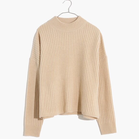 Madewell Recycled Cashmere Ribbed Mockneck Sweater Tan XXS Oversized Cozy - Picture 3 of 16